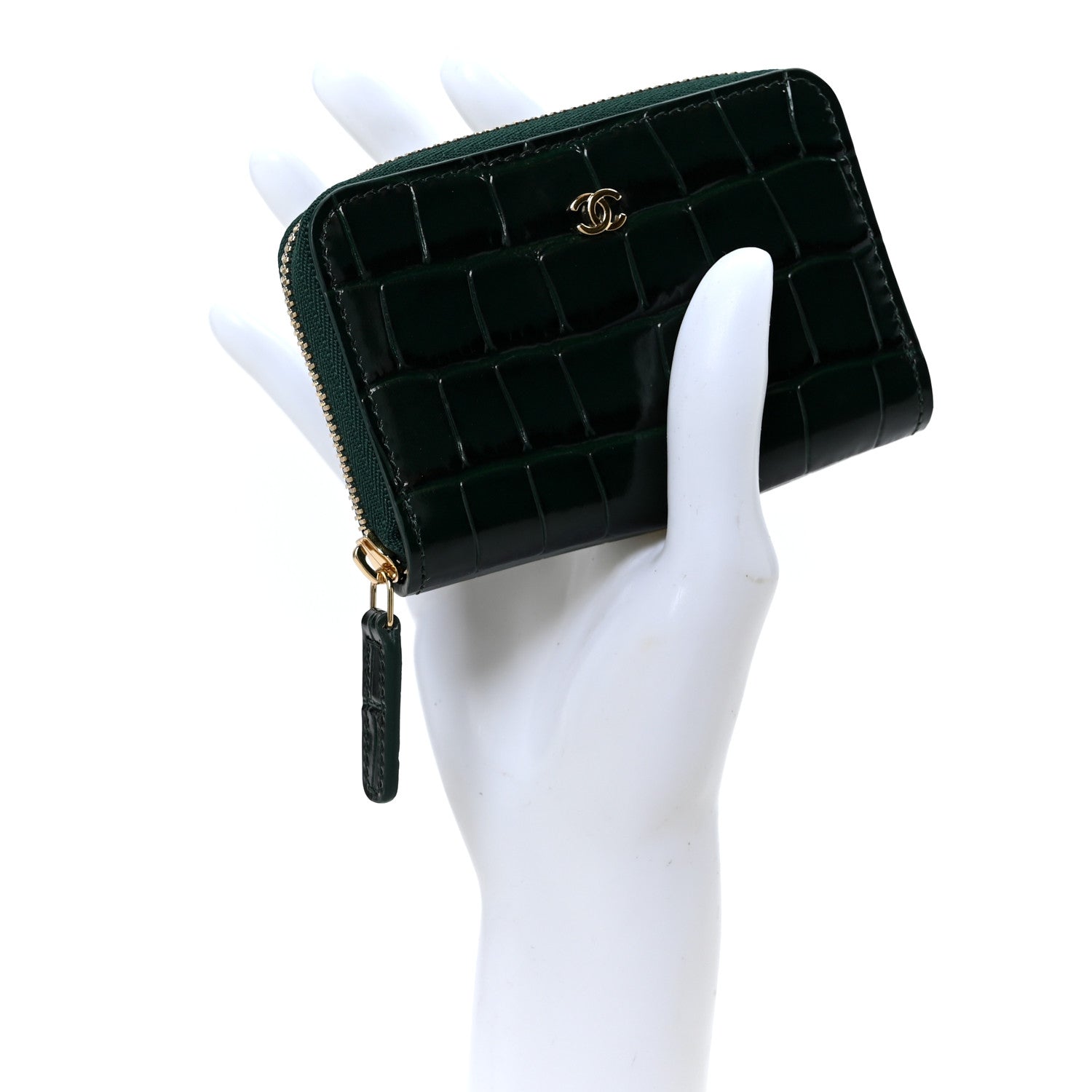Calfskin Crocodile Embossed Crococo Zip Coin Purse Emerald