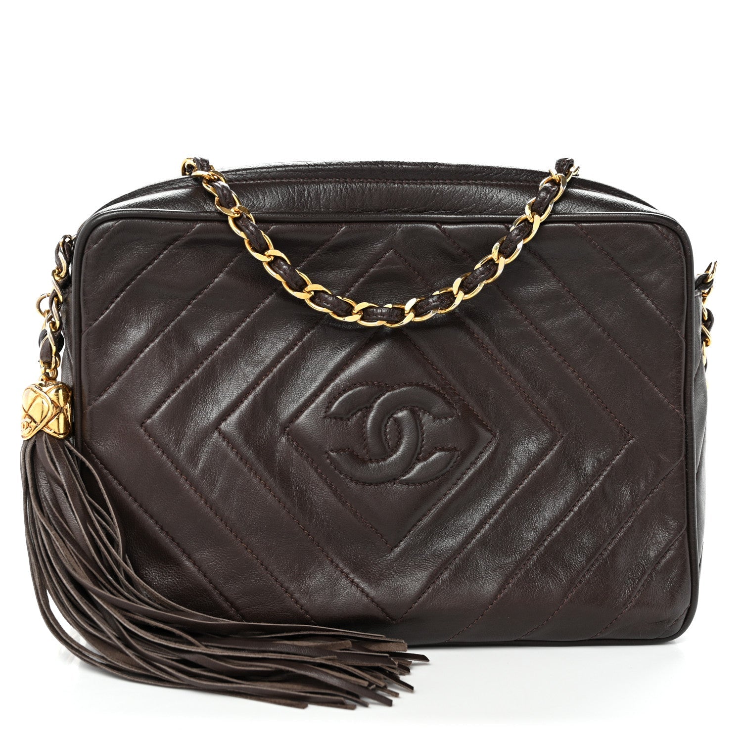 Lambskin Chevron Quilted Tassel Camera Case Brown