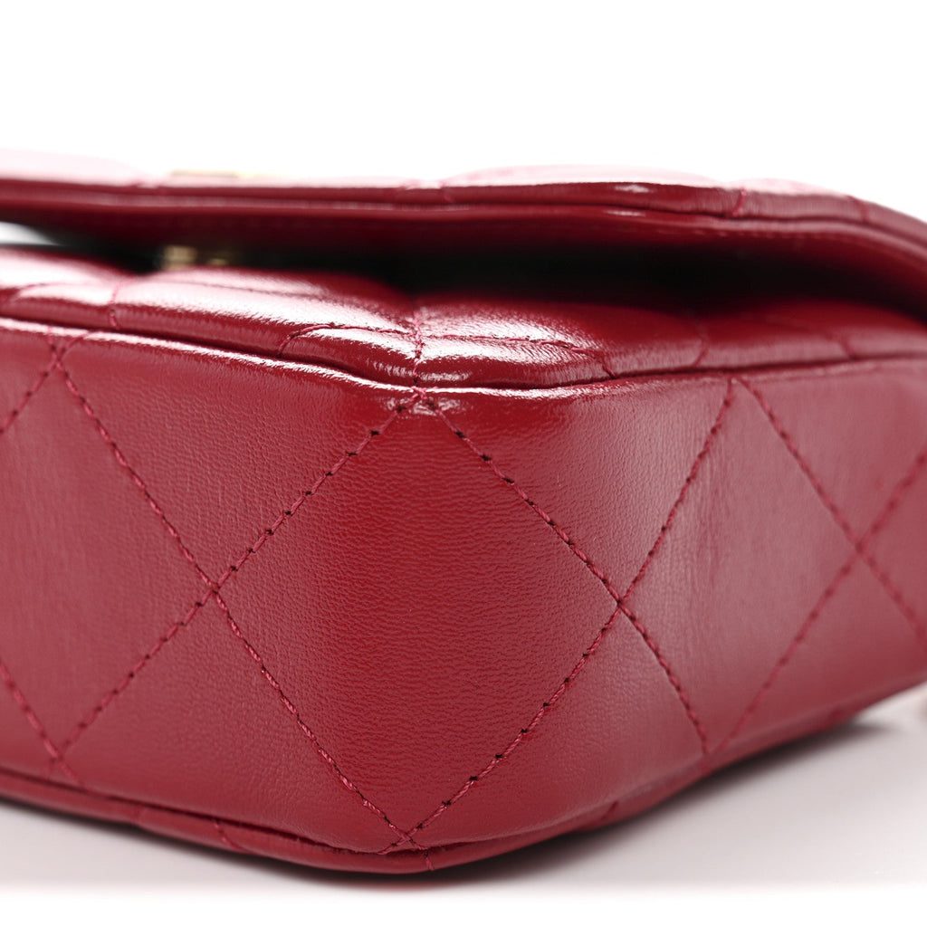Shiny Lambskin Quilted Mini Metal Top Handle Clutch With Chain  Red