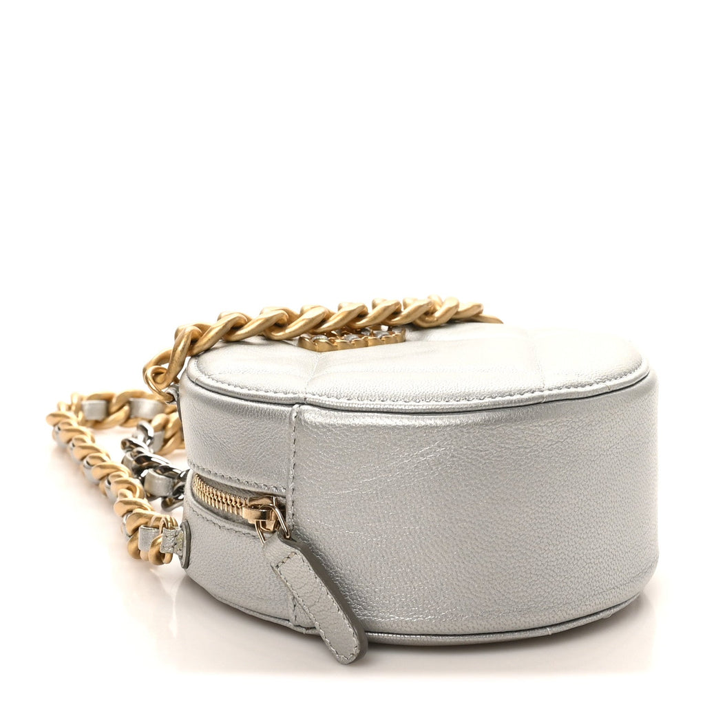 Metallic Lambskin Quilted Chanel 19 Round Clutch With Chain Silver