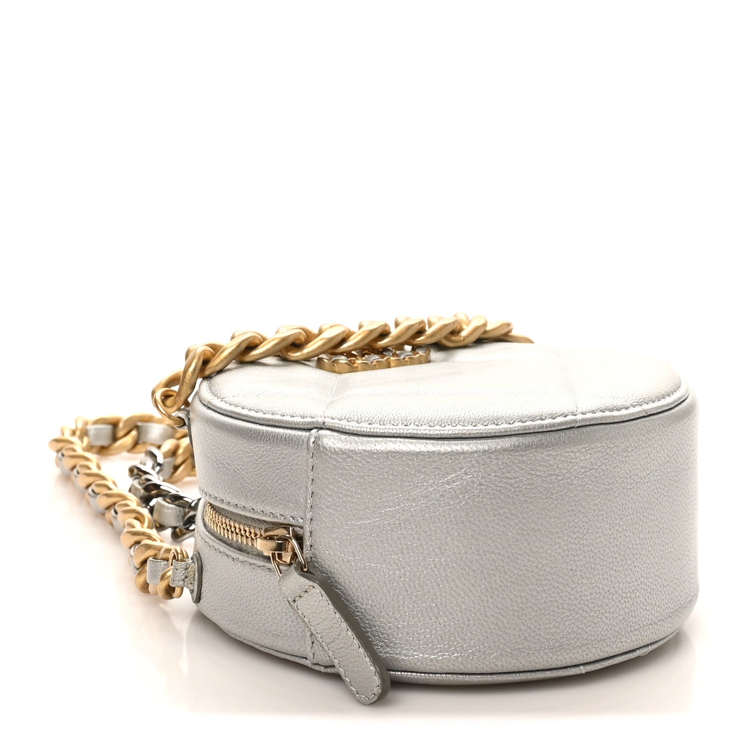 Metallic Lambskin Quilted Chanel 19 Round Clutch With Chain Silver