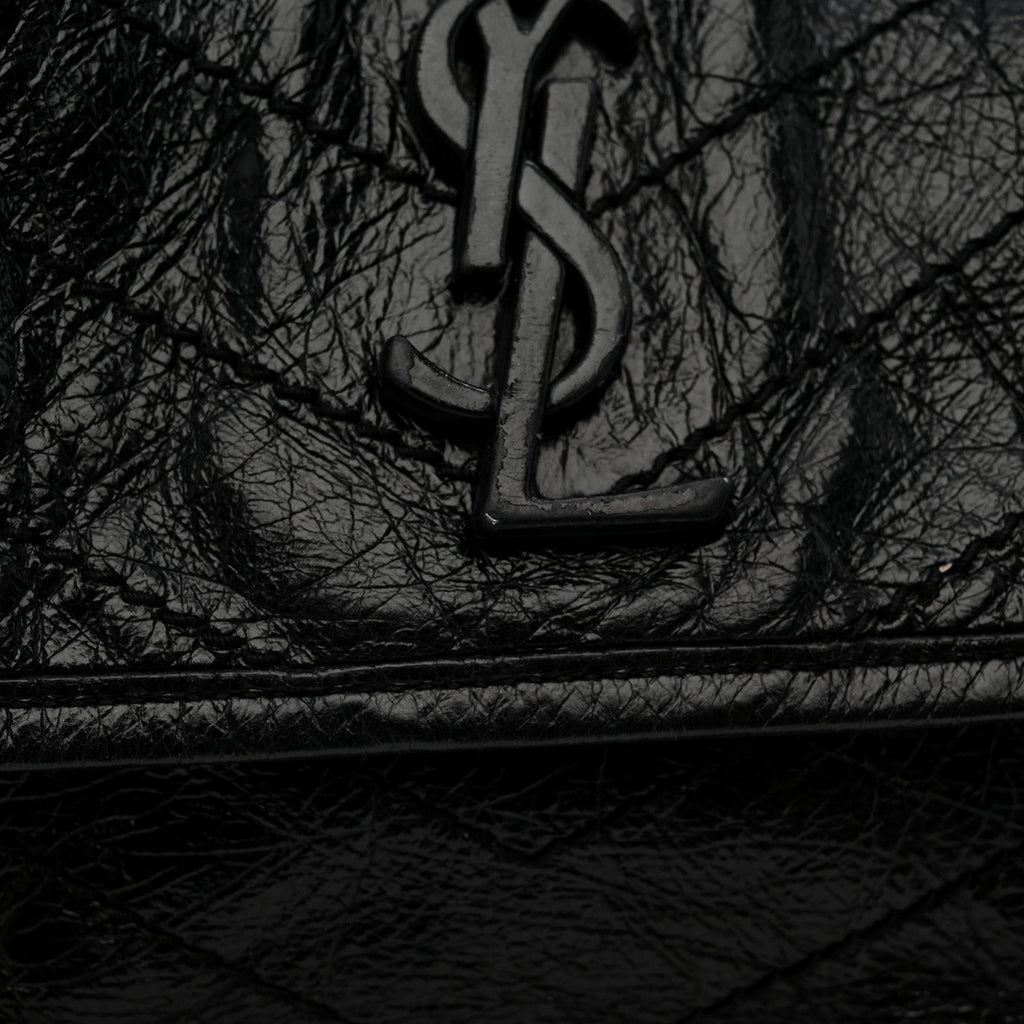 Crinkled Calfskin Matelasse Monogram Medium Niki Chain Satchel Black
