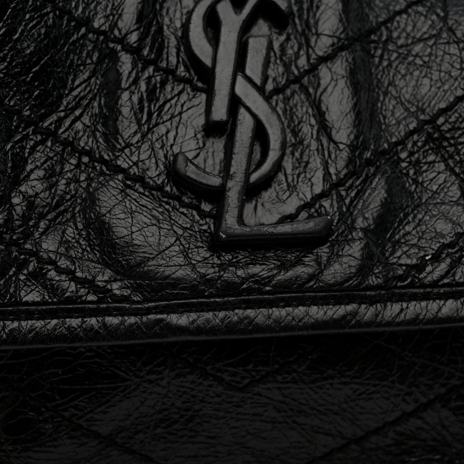 Crinkled Calfskin Matelasse Monogram Medium Niki Chain Satchel Black