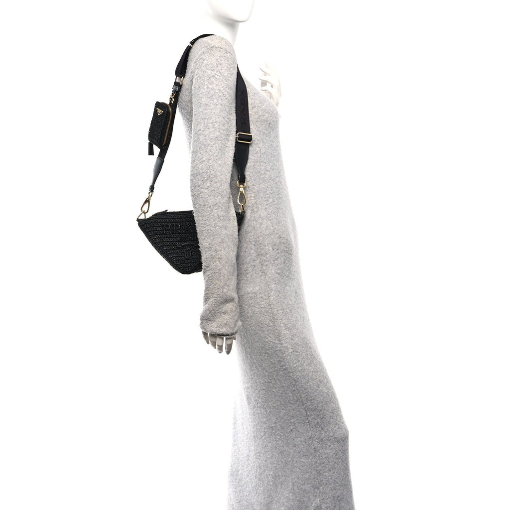 Yarn Raffia Effect Crochet Triangle Shoulder Bag Black