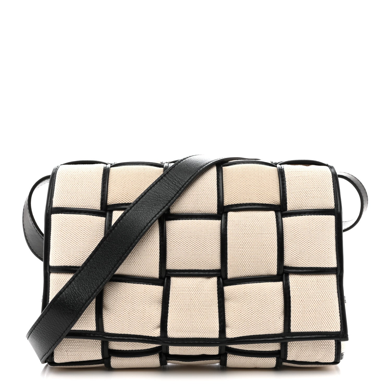 Canvas Intrecciato Padded Cassette Crossbody Bag Natural Black
