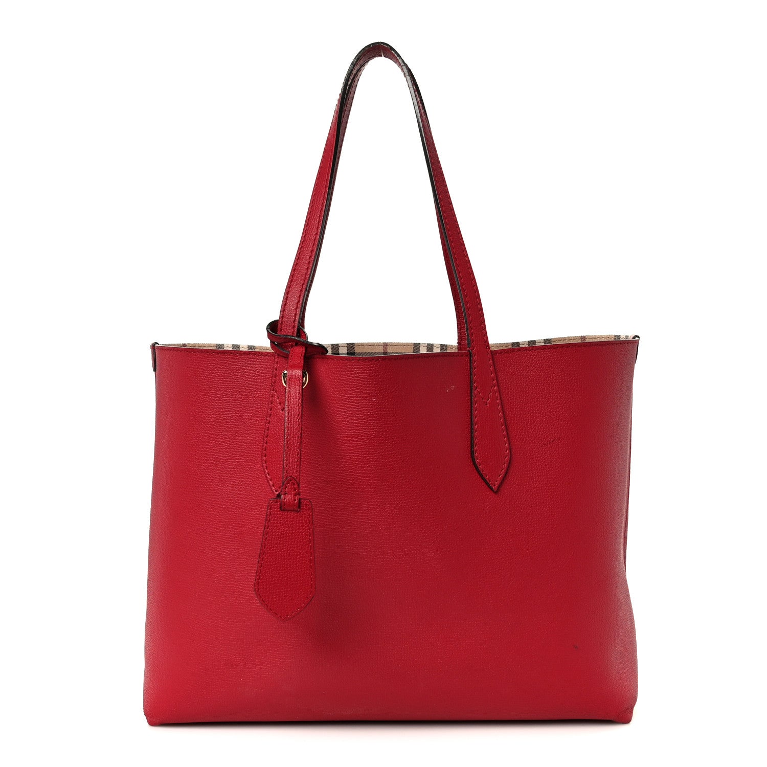 Grainy Calfskin Haymarket Check Medium Reversible Tote Red