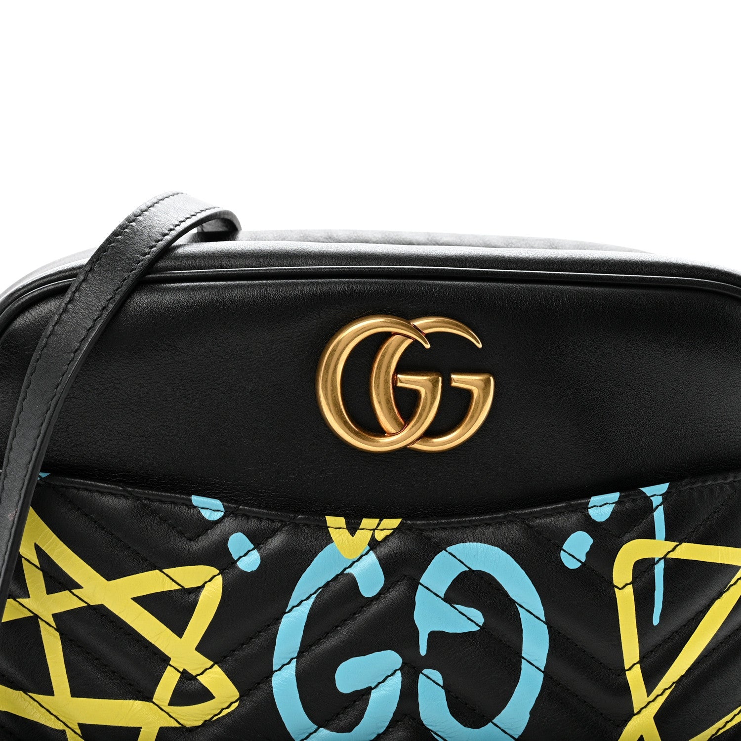 Calfskin Matelasse GucciGhost Medium GG Marmont Chain Shoulder Bag Black New Acquamarine