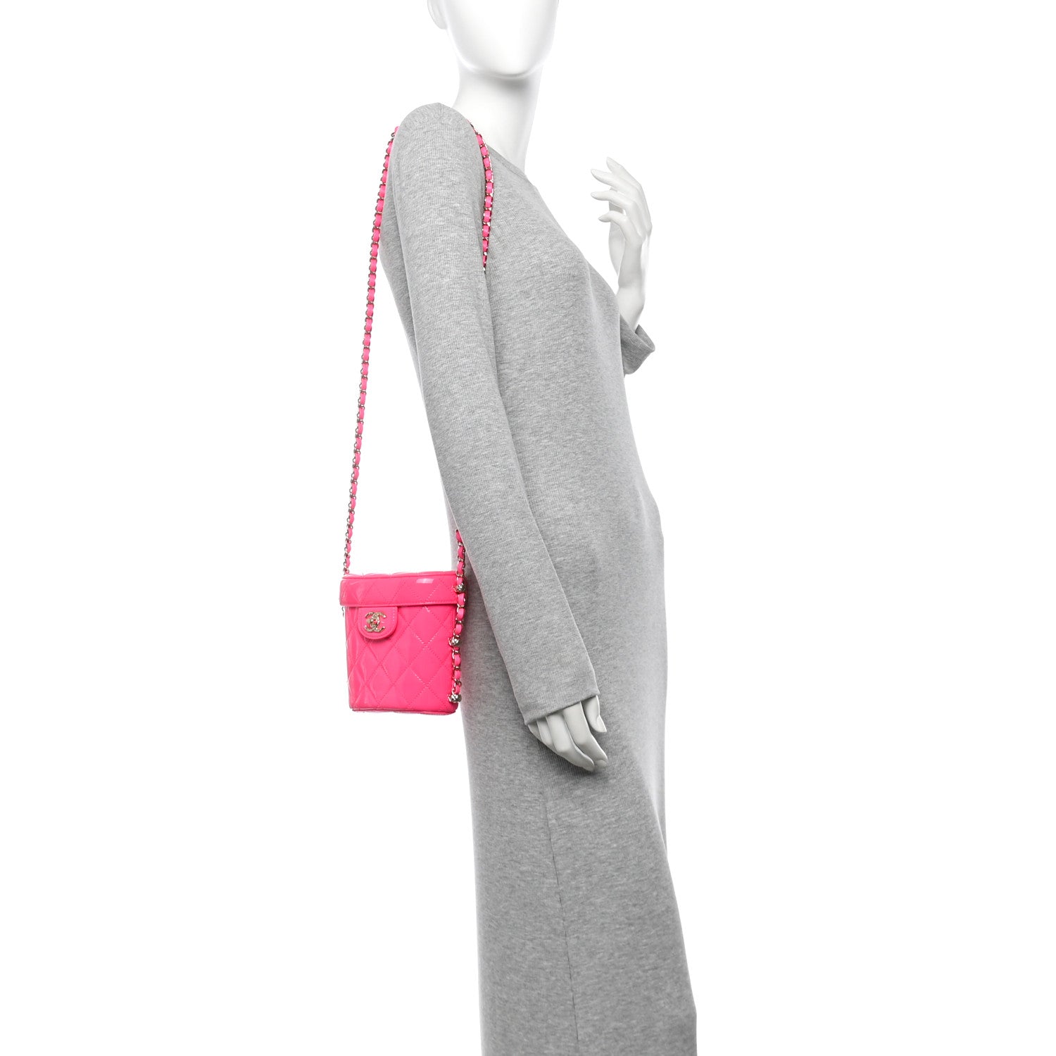 Patent Quilted CC Vani-Tea Case With Chain Neon Pink