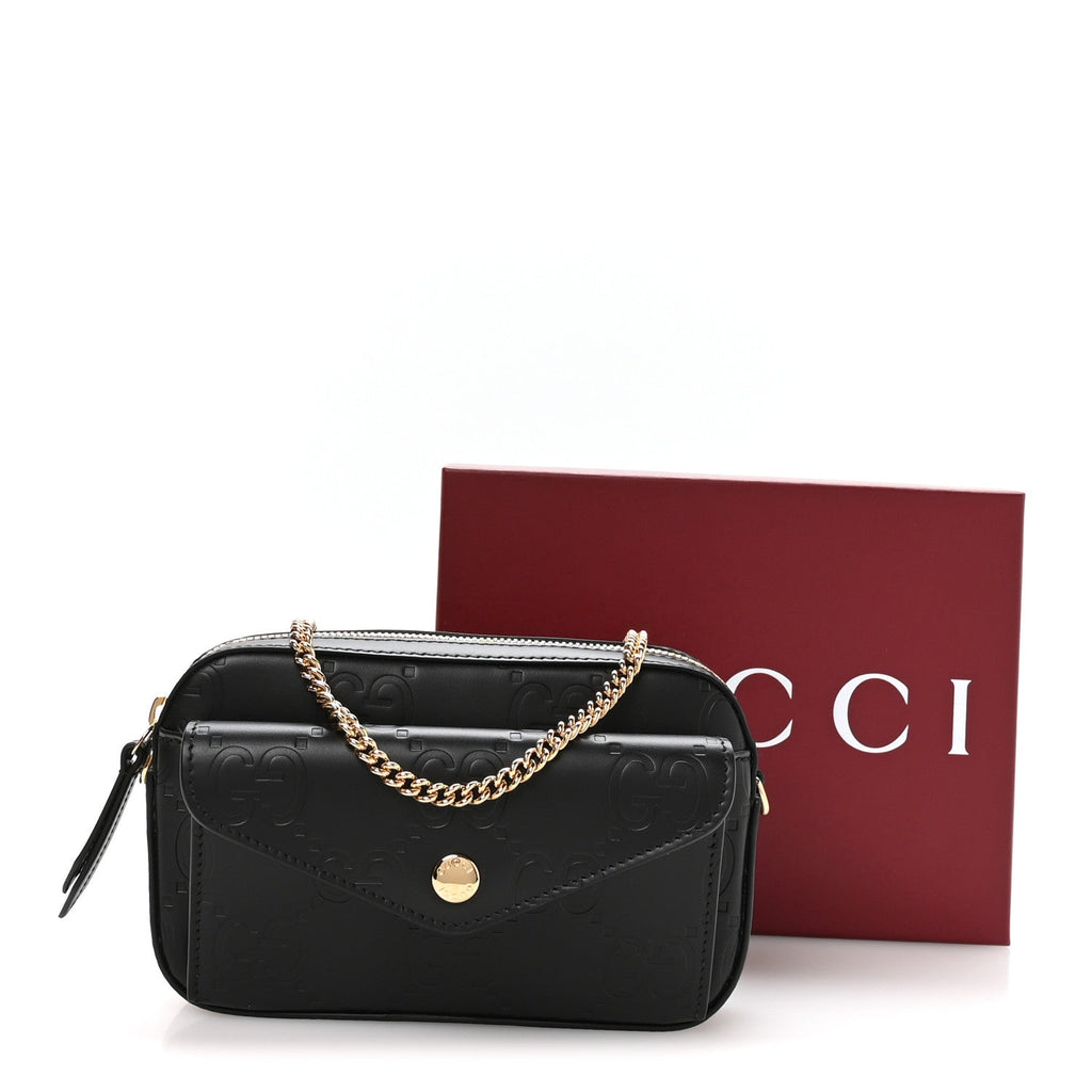Calfskin GG Super Mini Debossed Chain Wallet Black