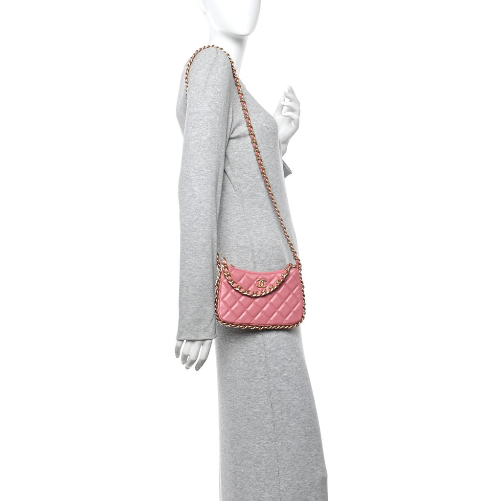 Lambskin Quilted Chain Around Top Handle Mini Bag Pink