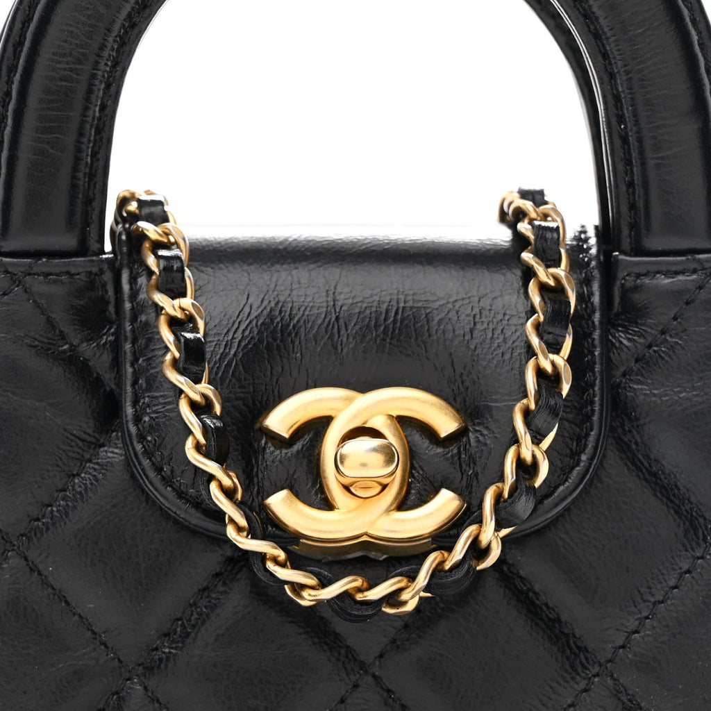 Shiny Aged Calfskin Quilted Mini Nano Kelly Shopper Black