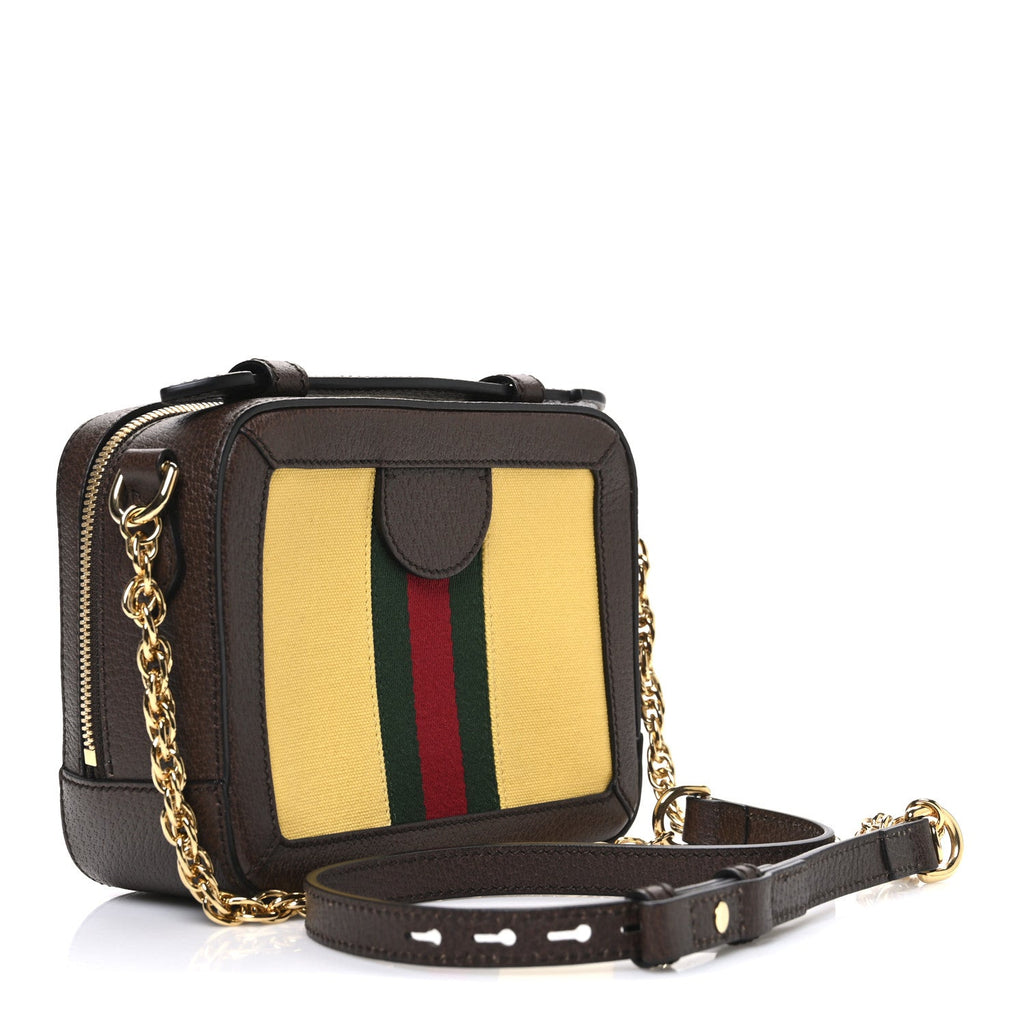 Canvas Textured Calfskin Web Mini Ophidia Top Handle Shoulder Bag Easy Yellow Dark Brown