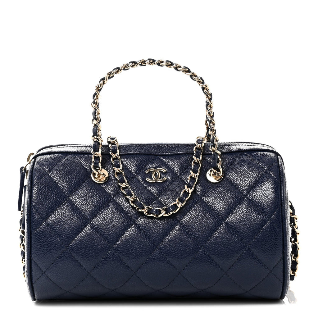 Caviar Quilted Barrel Clutch With Chain  Navy