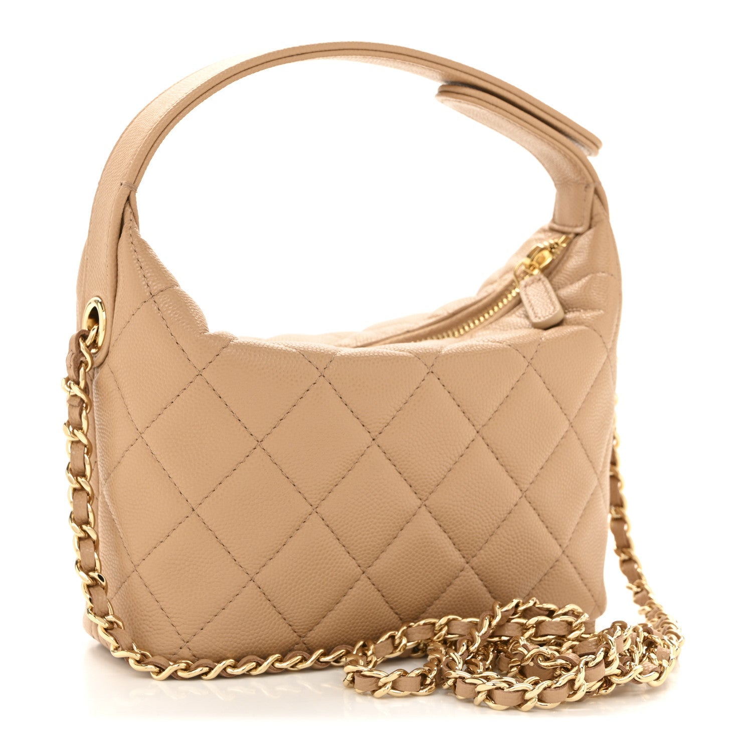 Shiny Caviar My Cush Hobo Clutch With Chain Beige