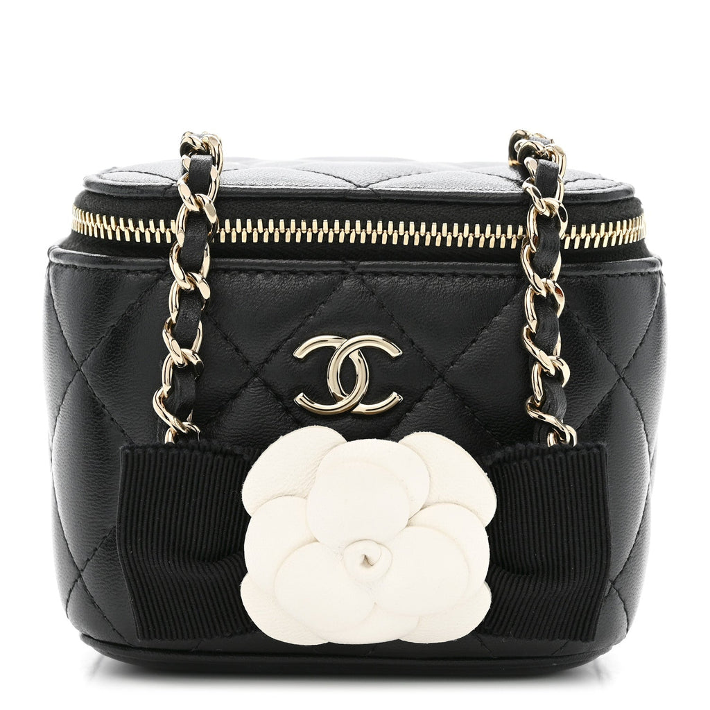 Lambskin Quilted Mini Camellia Bow Vanity Case With Chain Black