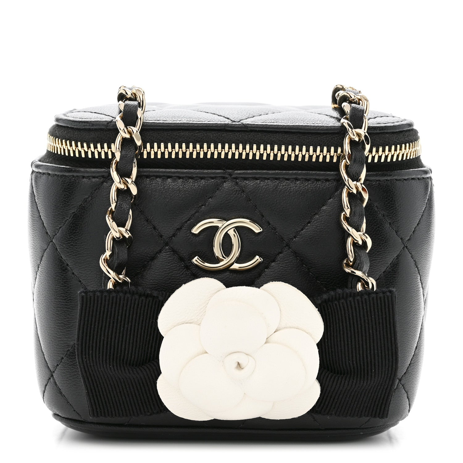 Lambskin Quilted Mini Camellia Bow Vanity Case With Chain Black
