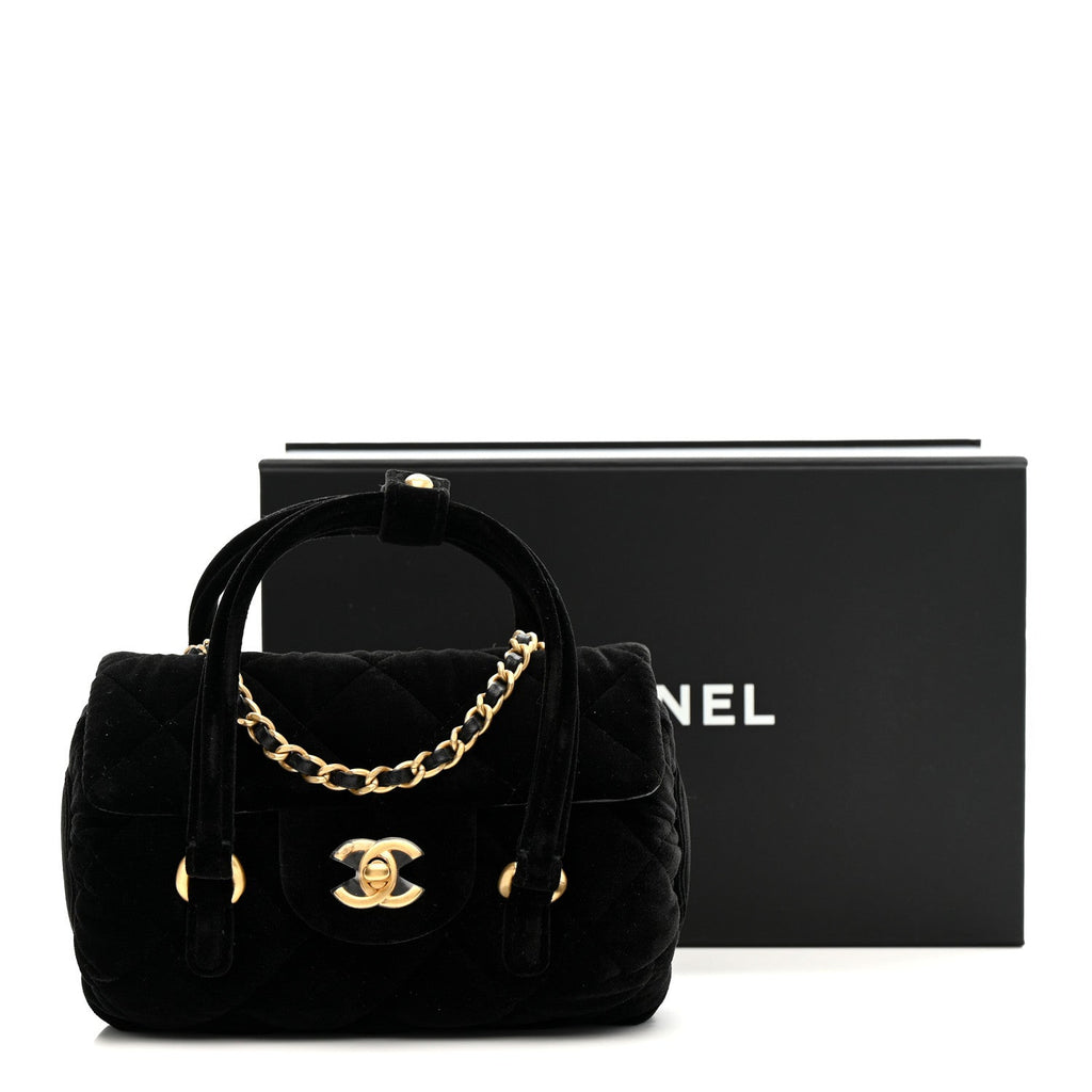 Velvet Quilted Mini Top Handle Flap Black