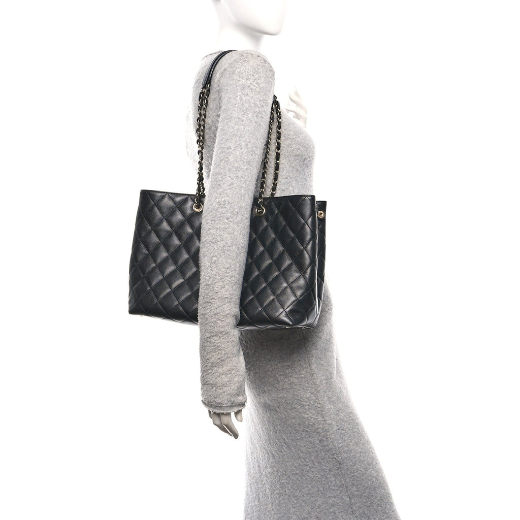Caviar Quilted Small Shopping Tote Black