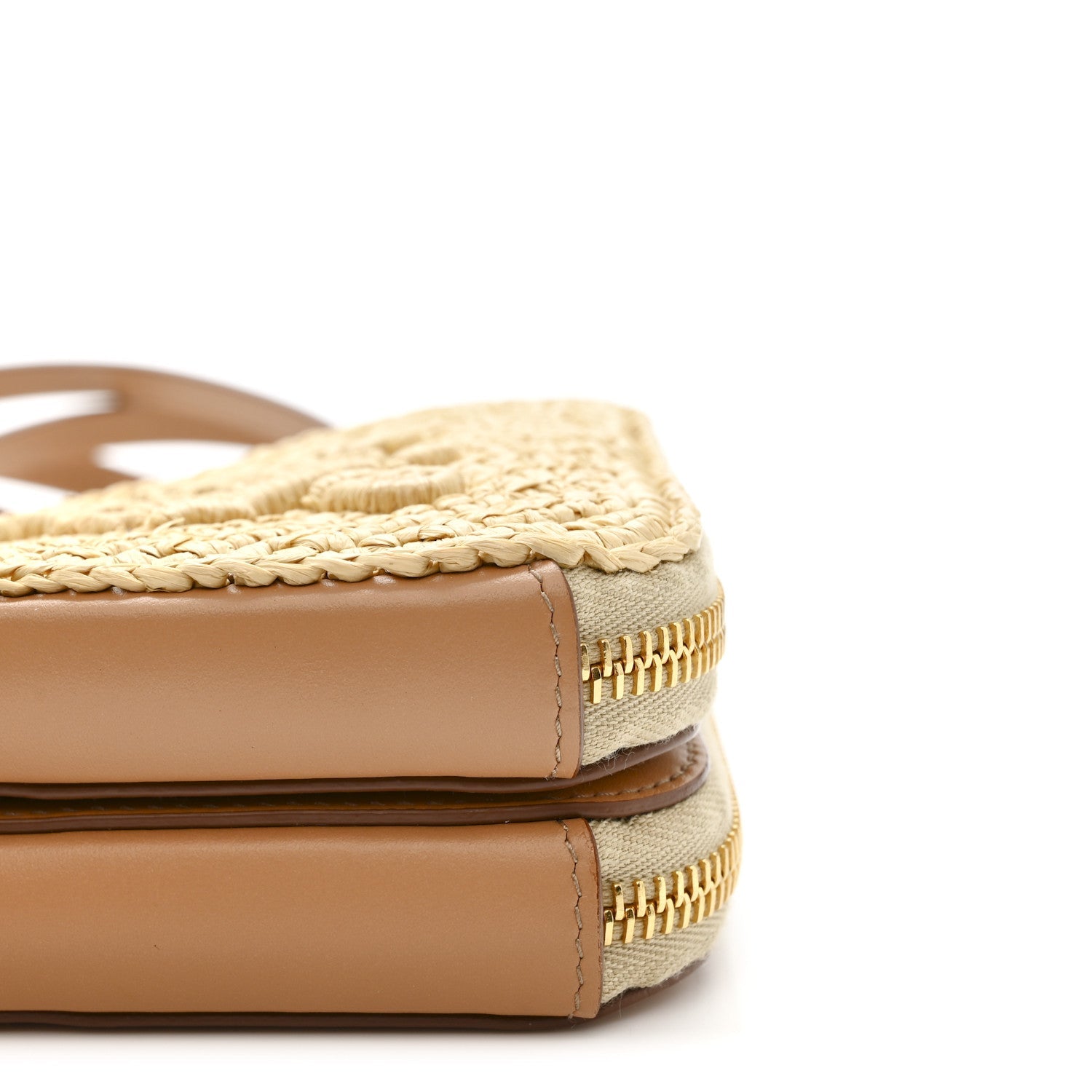 Raffia Calfskin Crochet Logo Embroidered Mini Triangle Crossbody Pouch Naturale