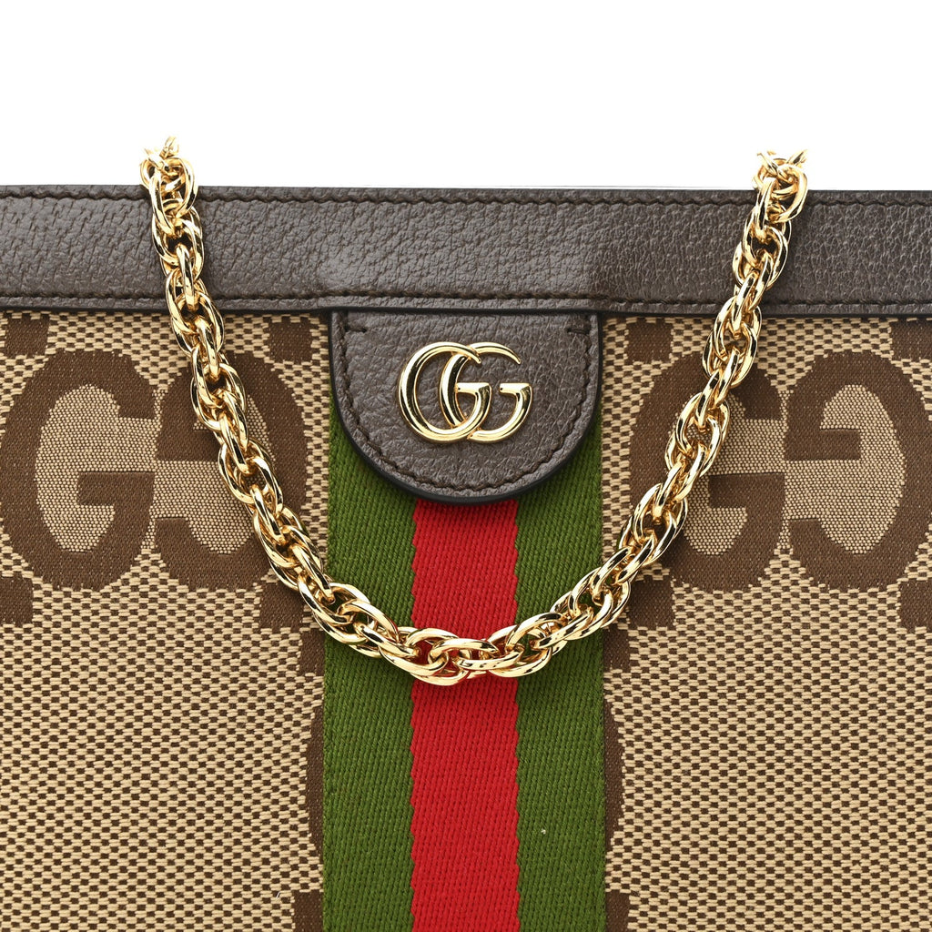 Monogram Jumbo GG Textured Dollar Calfskin Web Small Ophidia Chain Shoulder Bag Camel Ebony New Acero