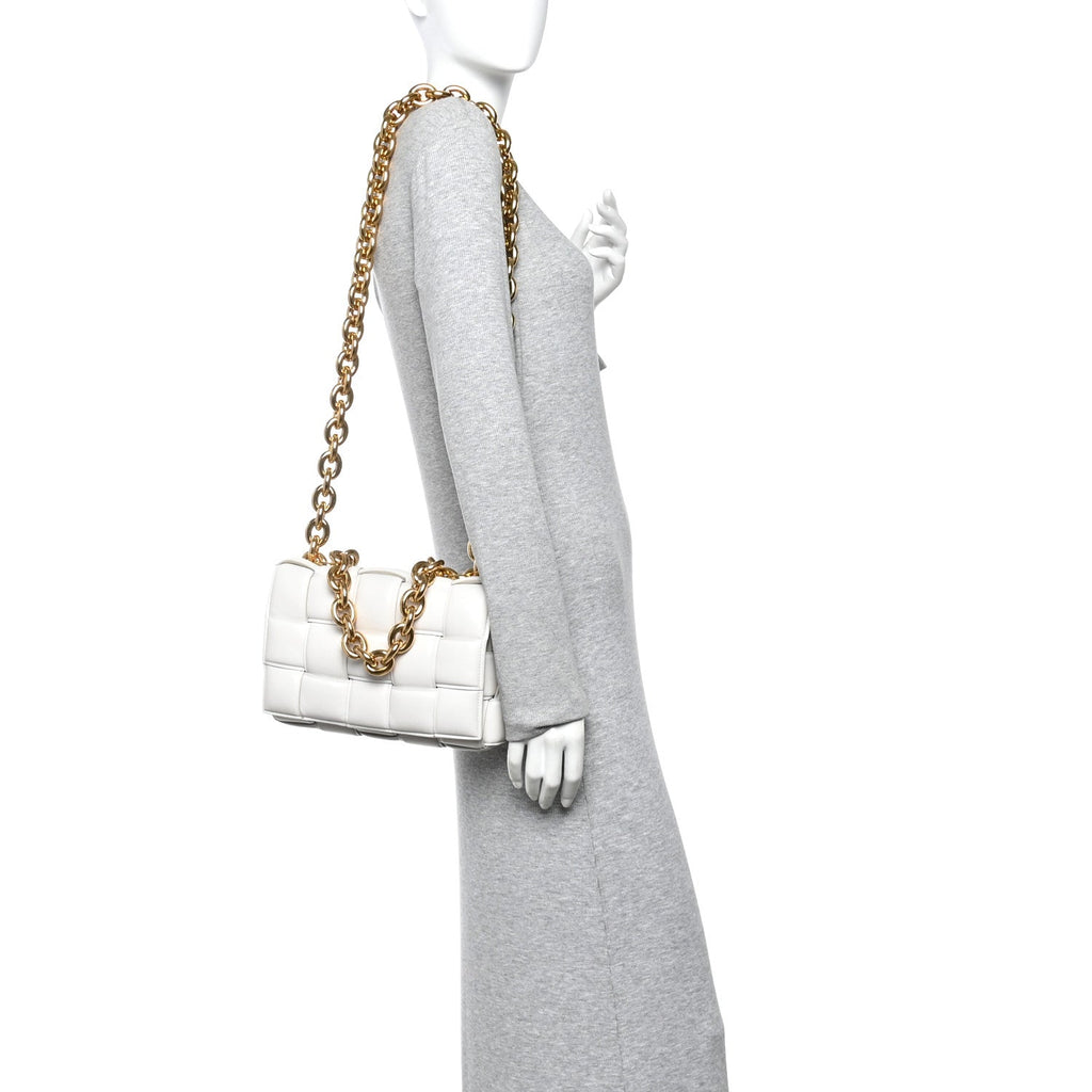 Lambskin Maxi Intreccio Padded Chain Cassette Crossbody Bag White