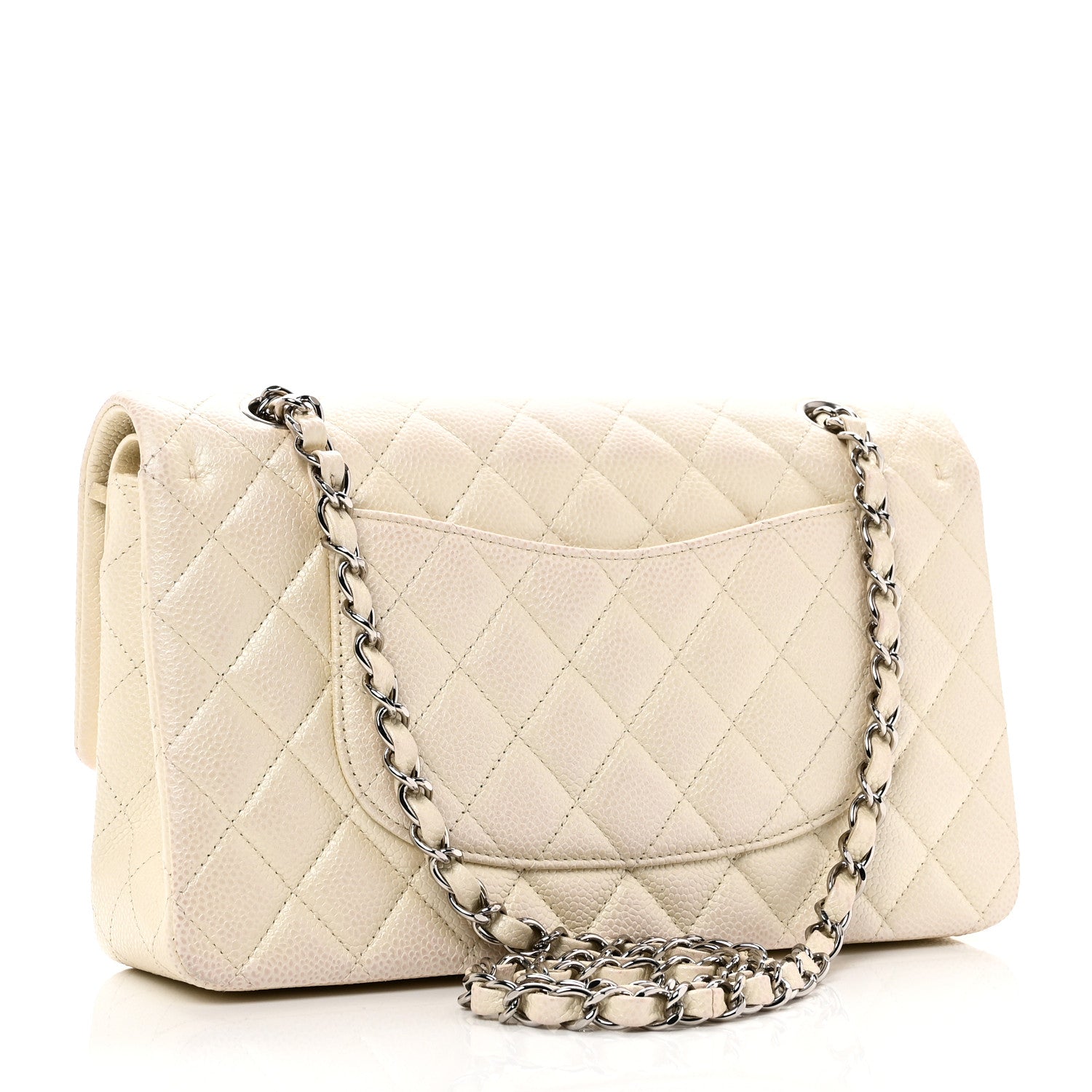 Iridescent Caviar Quilted Medium Double Flap White
