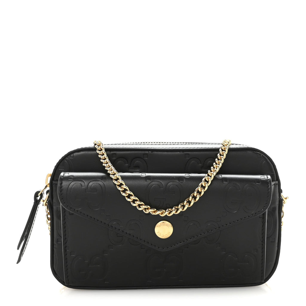 Calfskin GG Super Mini Debossed Chain Wallet Black