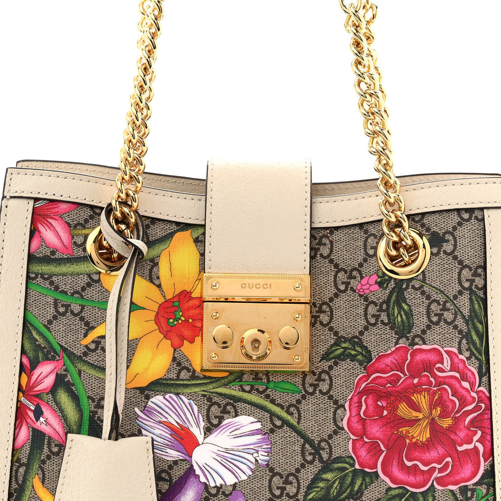 GG Supreme Monogram Flora Textured Calfskin Small Padlock Tote Beige Ebony Multicolor Mystic White
