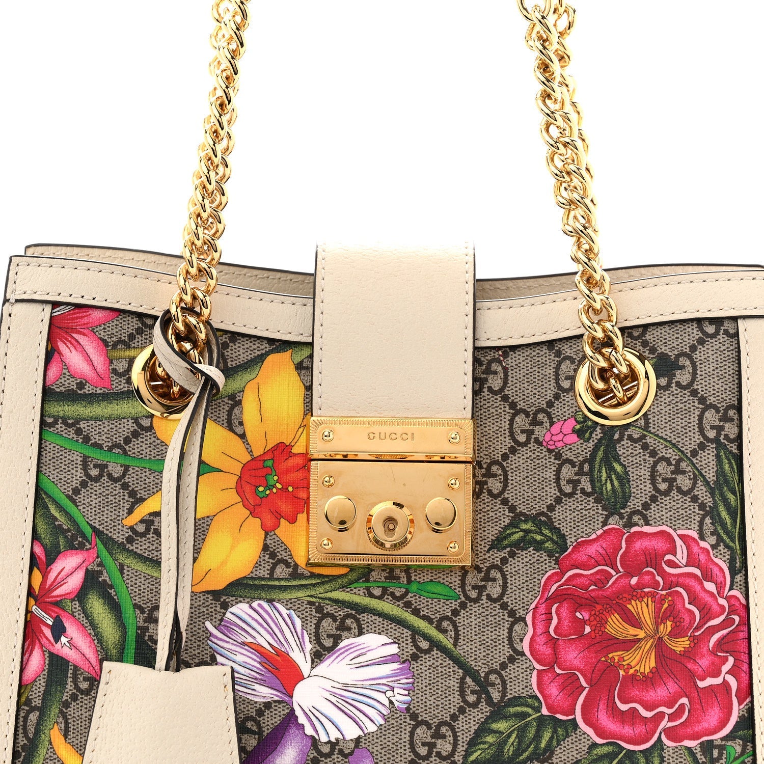 GG Supreme Monogram Flora Textured Calfskin Small Padlock Tote Beige Ebony Multicolor Mystic White
