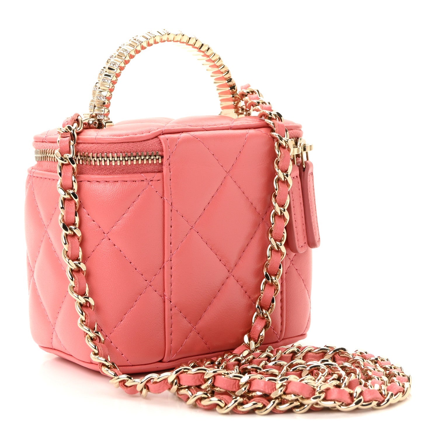 Lambskin Quilted Crystal Top Handle Mini Vanity Case With Chain Coral