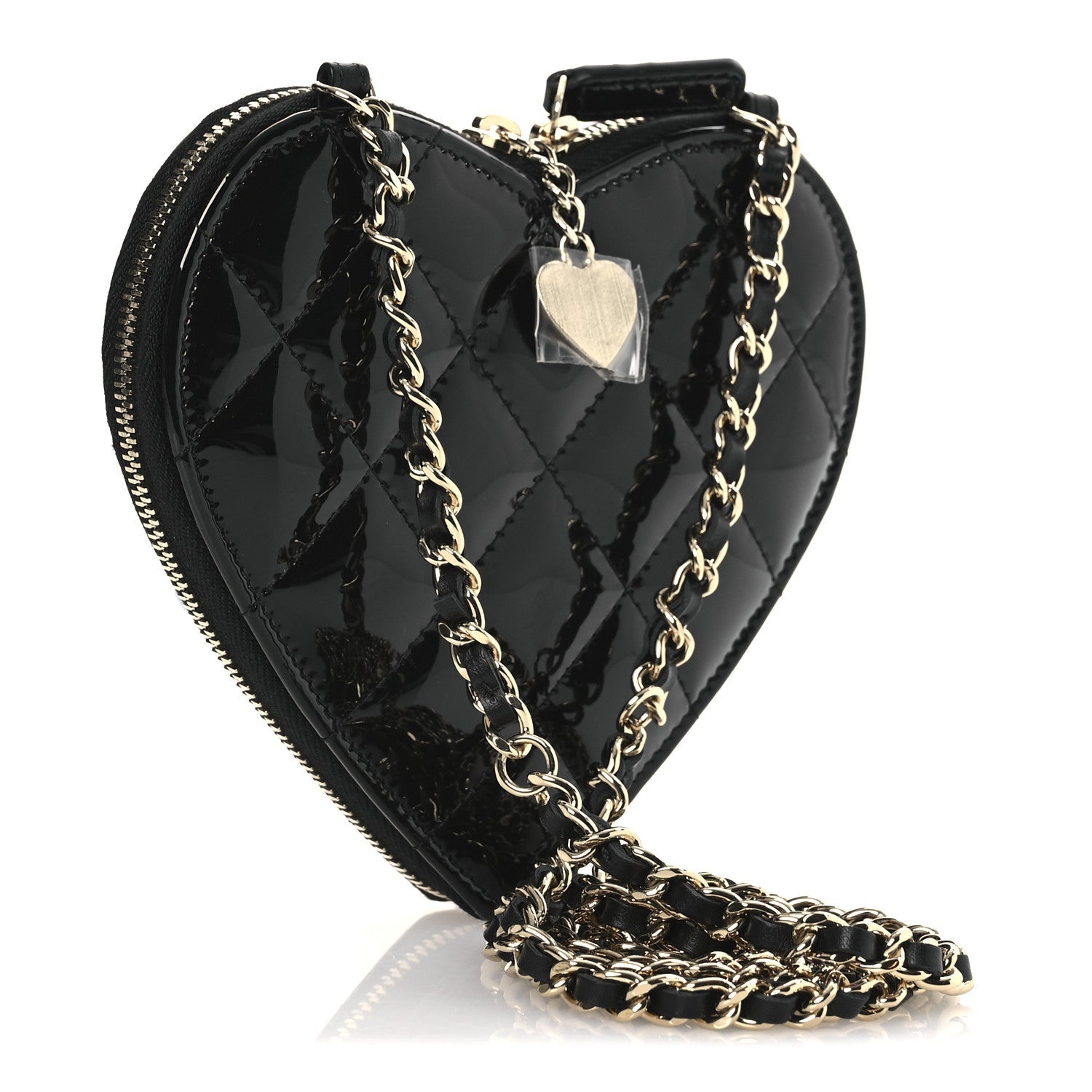 Patent Calfskin Resin Quilted CC Heart Clutch With Chain Black