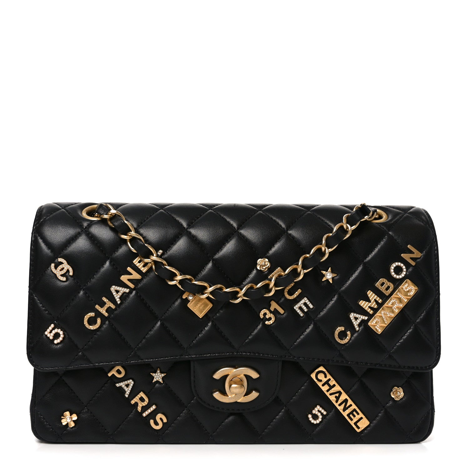 Lambskin Quilted Medium Rue Cambon Charms Double Flap Black