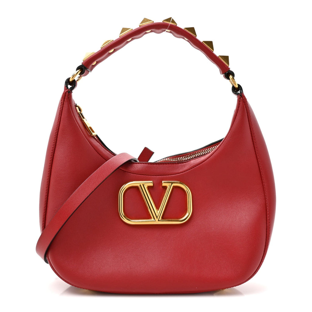 Calfskin Stud Sign Zip Hobo Rosso Valentino