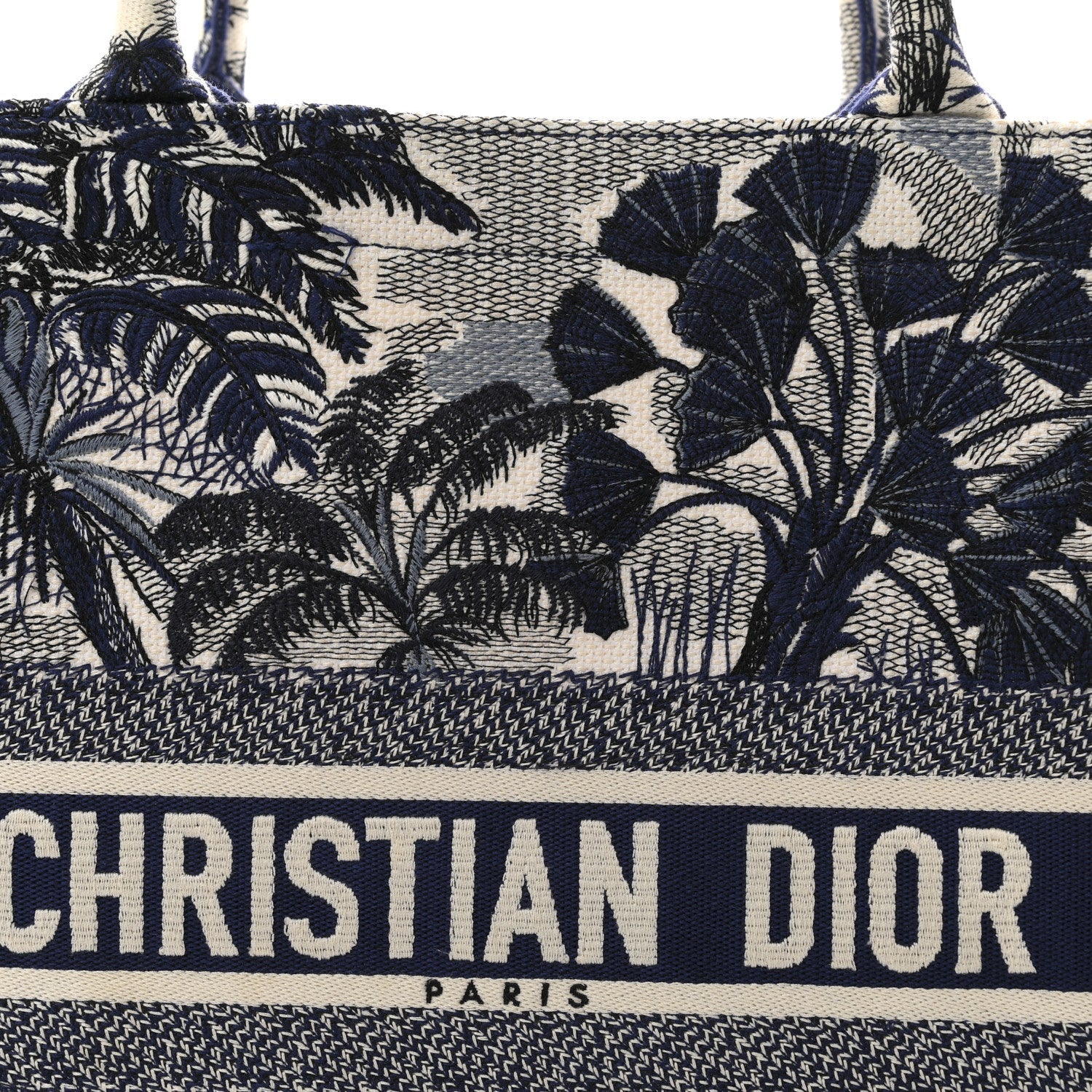 Canvas Embroidered Large Palm Tree Toile De Jouy Book Tote Blue