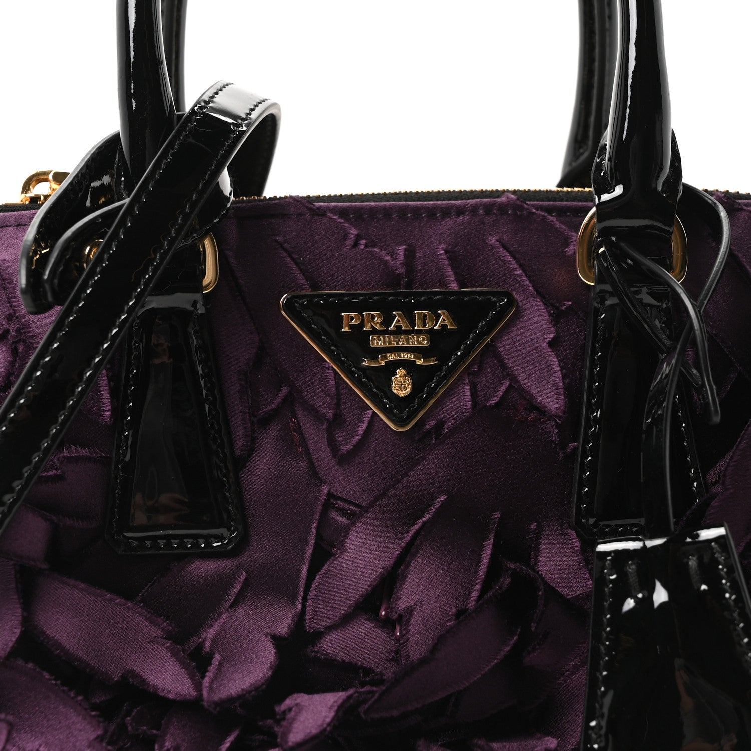 Satin Feathered Vernice Mini Galleria Double Zip Tote Black Prugna