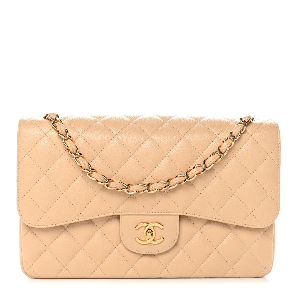 Caviar Quilted Jumbo Double Flap Light Beige