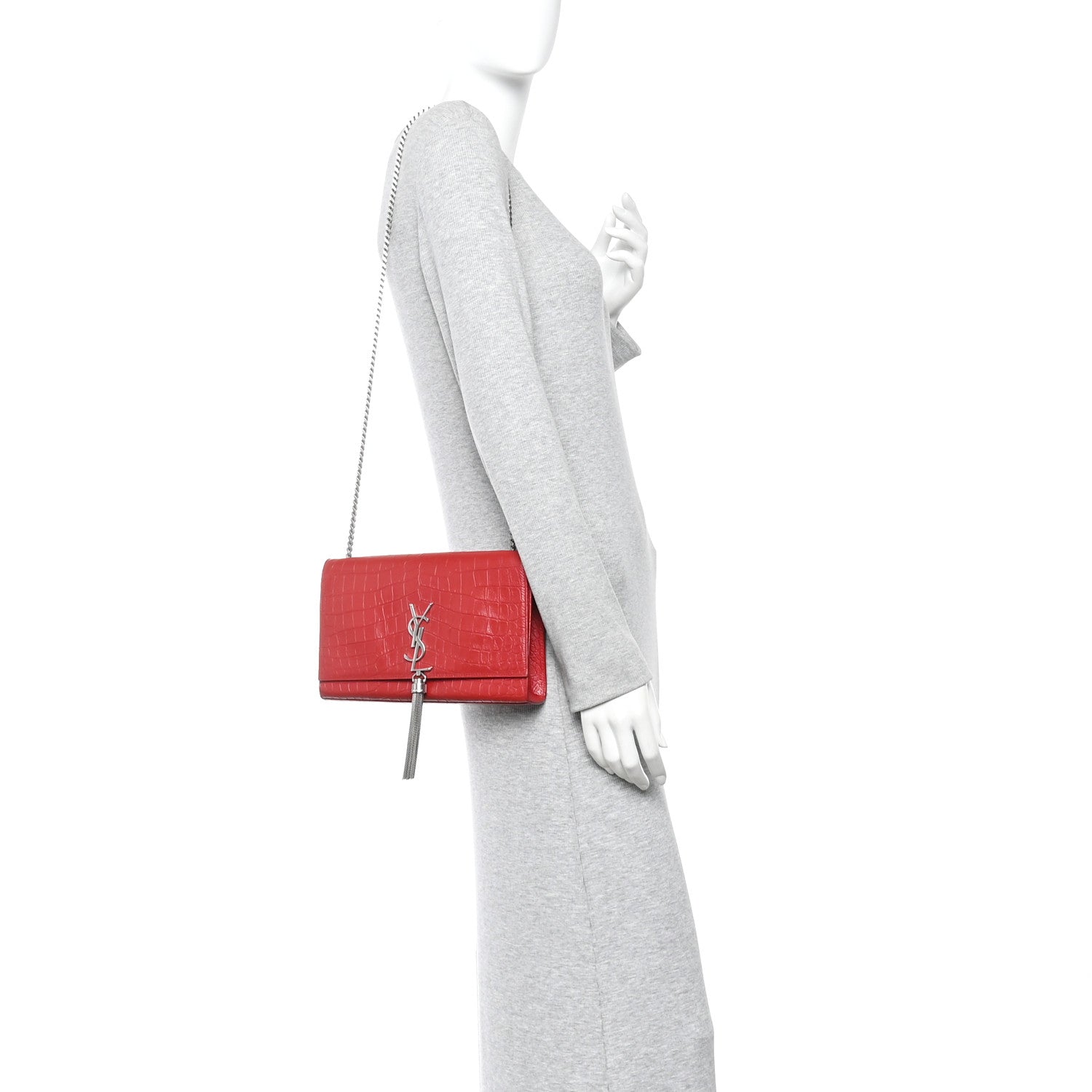 Calfskin Crocodile Embossed Medium Classic Monogram Kate Tassel Satchel New Red