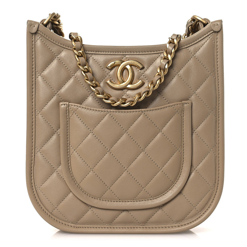 Calfskin Quilted Small Hobo Beige