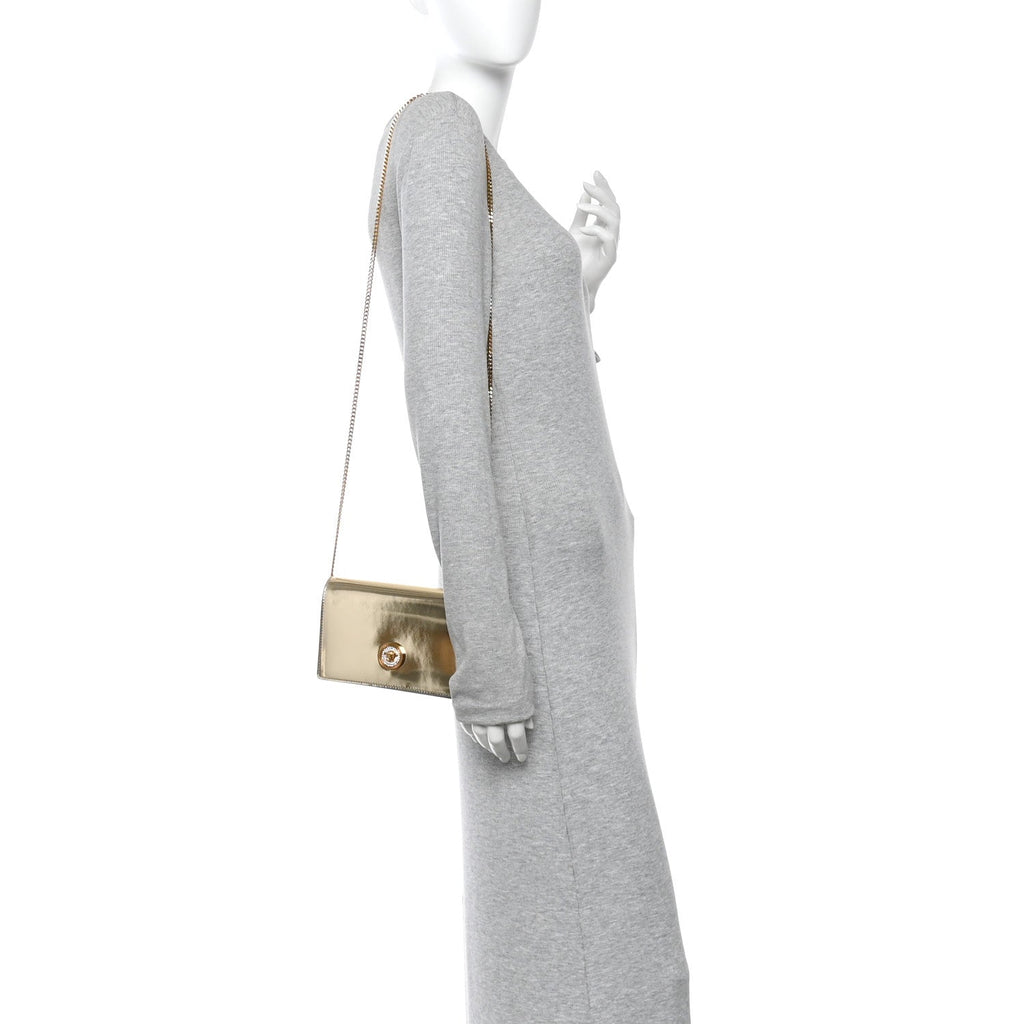 Patent Metallic Crystal Medusa Clutch On Chain Gold