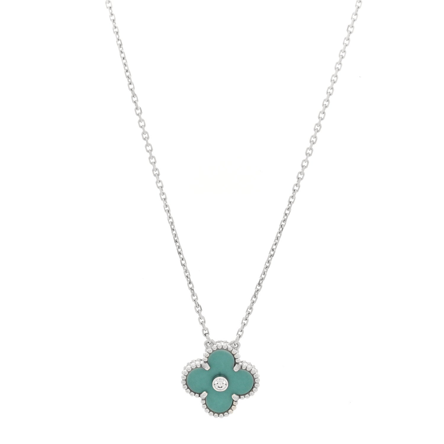 18K White Gold Diamond Celadon Green Sevres Porcelain Vintage Alhambra Pendant Necklace