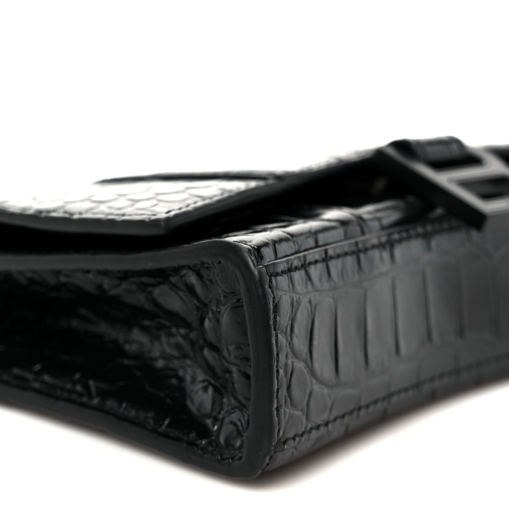 Shiny Calfskin Monochrome Crocodile Embossed Hourglass Chain Bag Black