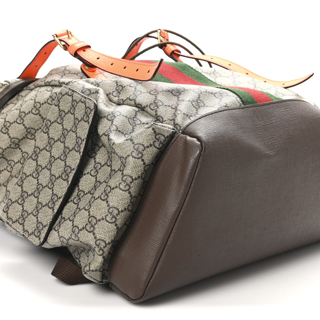 GG Supreme Monogram Medium Ophidia Double Buckle Backpack Beige Ebony Neon Orange