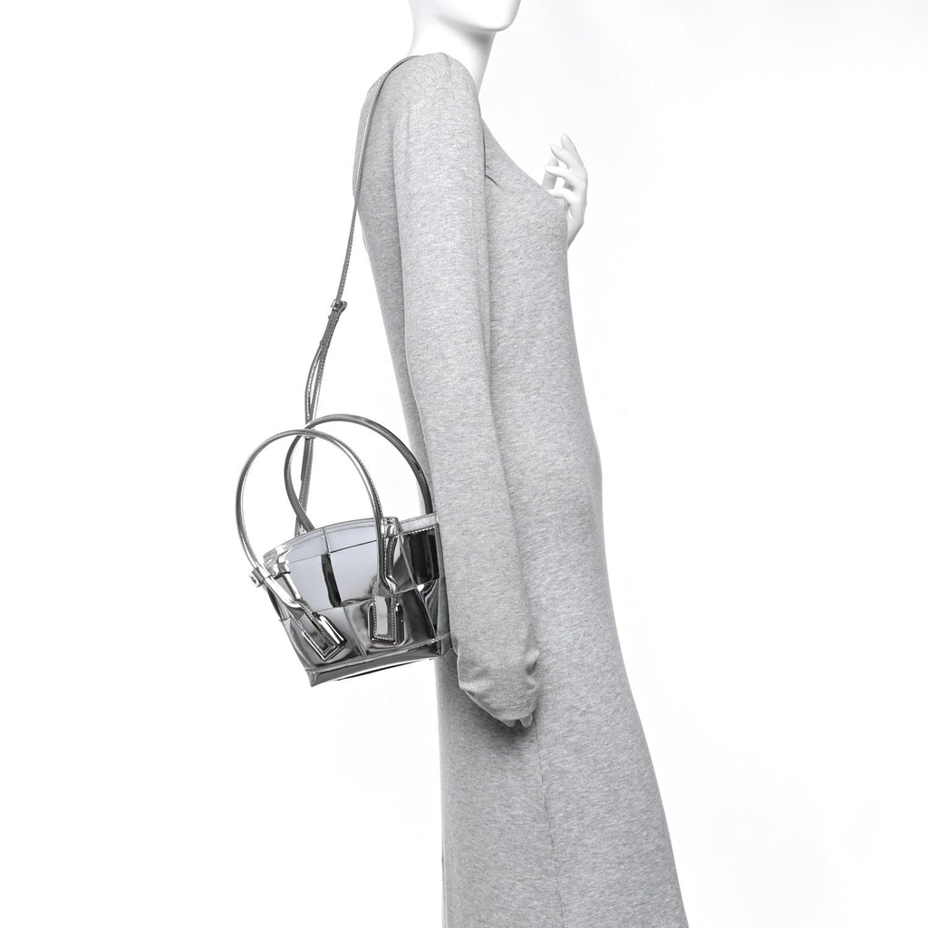 Mirror Laminated Nappa Maxi Intrecciato Mini Arco  Silver