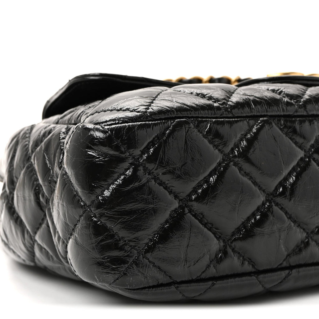 Shiny Crumpled Calfskin Quilted Wavy CC Hobo Black