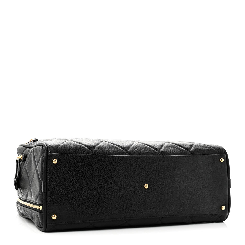 Shiny Grained Calfskin Quilted Travel Bowling Bag Black