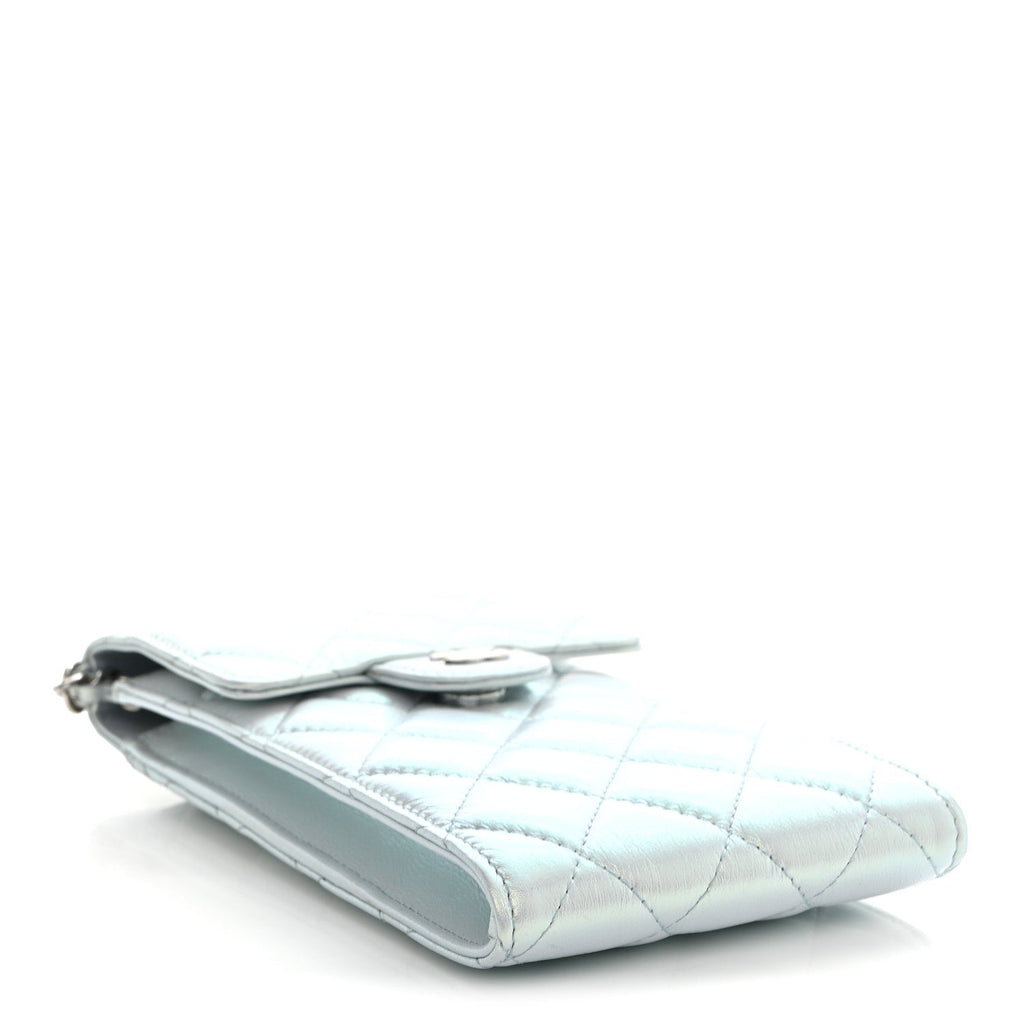 Iridescent Lambskin Quilted CC Phone Holder Blue