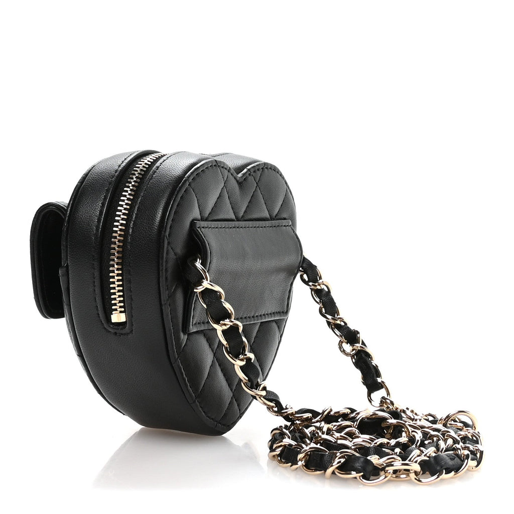 Lambskin Quilted CC In Love Heart Waist Belt Bag With Chain Black