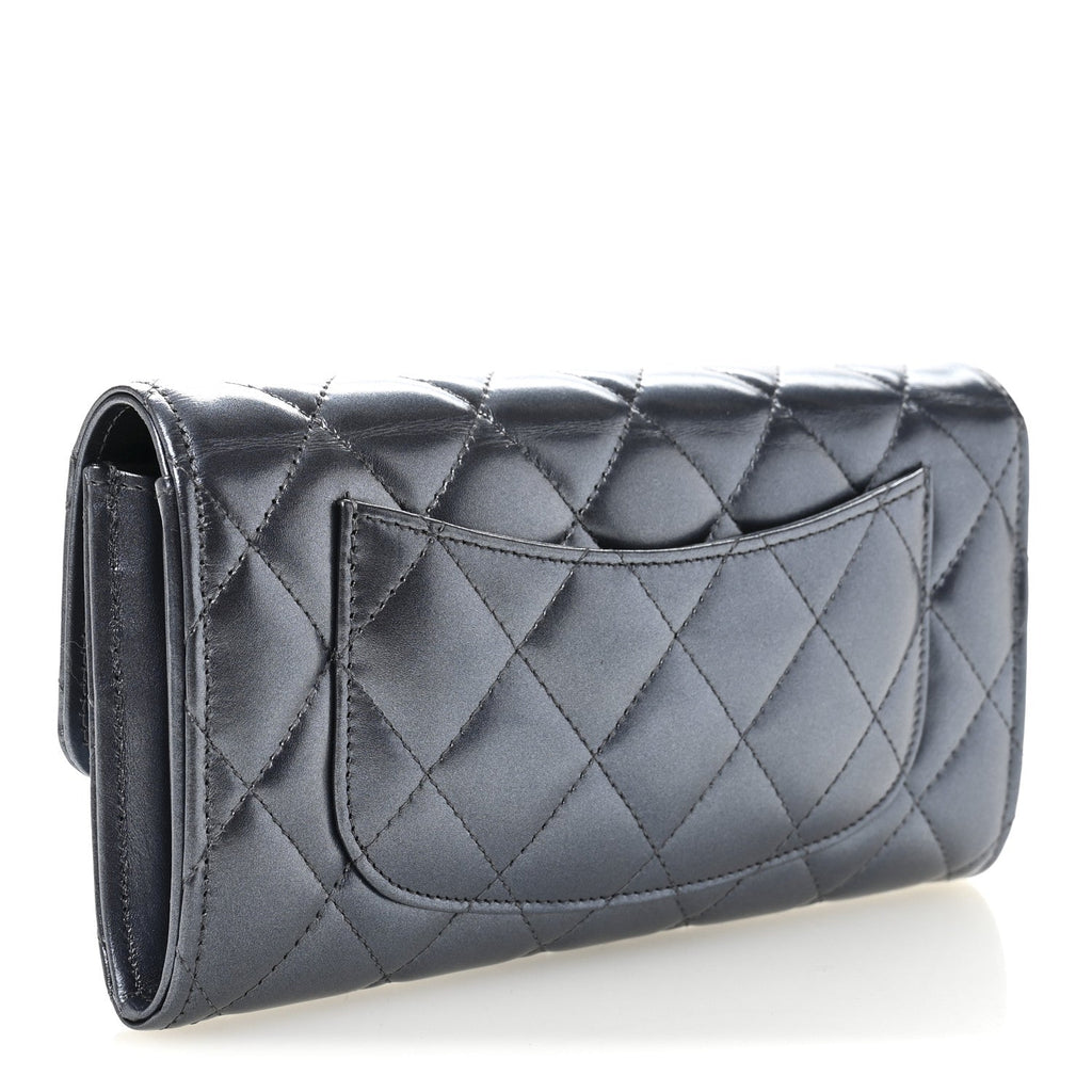 Metallic Lambskin Quilted Large Gusset Flap Wallet Dark Blue