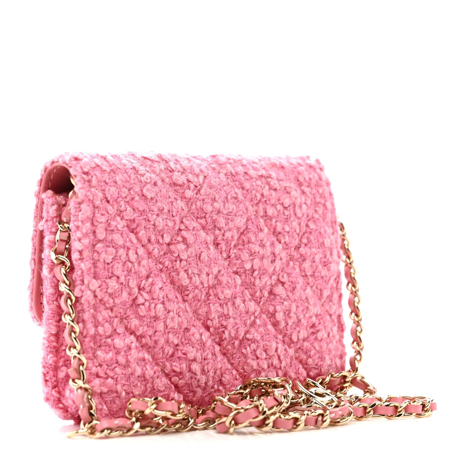 Tweed Quilted Flap Chain Waist Bag Pink