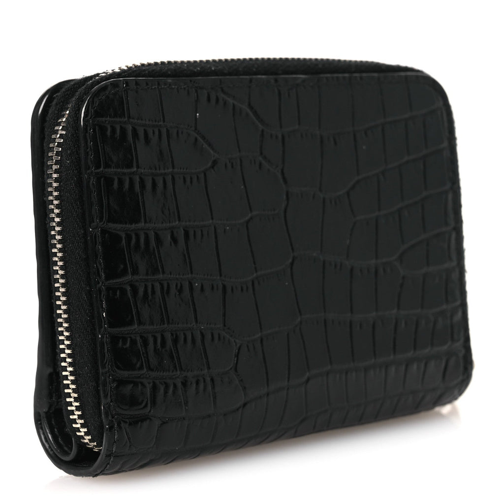 Calfskin Crocodile Embossed Monogram Compact Wallet Black